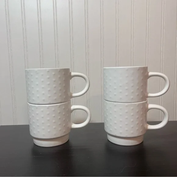Market Finds White Hobnail Stacking Mugs Set of 4 with Black Metal Storage Stand - Picture 6 of 10
